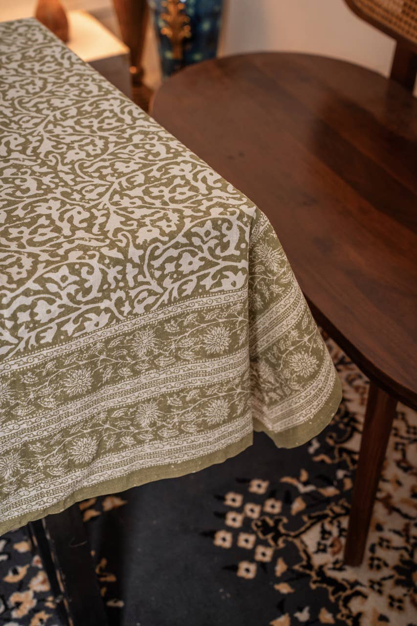 Olive Floral Hand-Blocked Table Cover