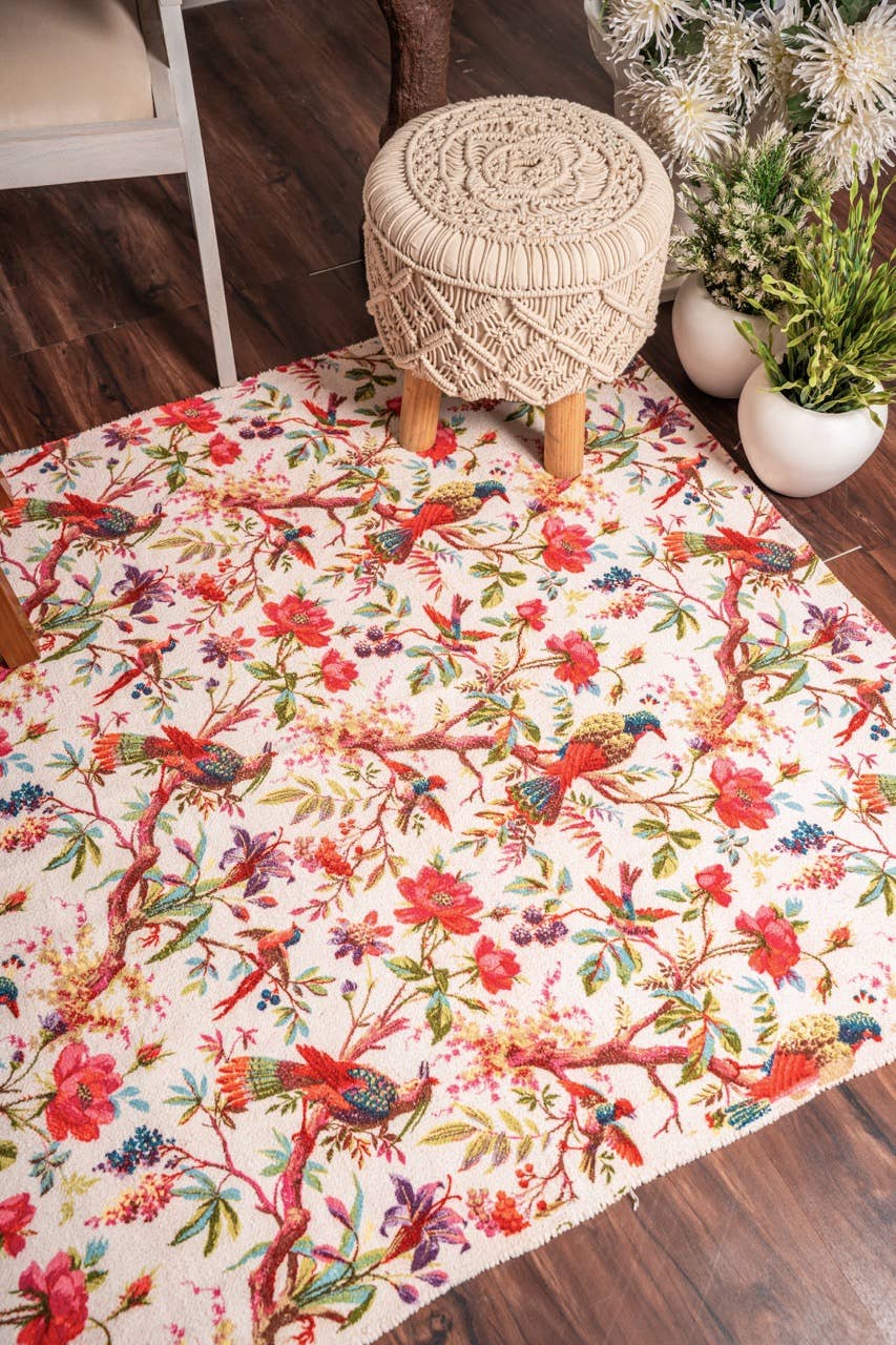 Ivory Birds & Blooms Cotton Velvet Rug