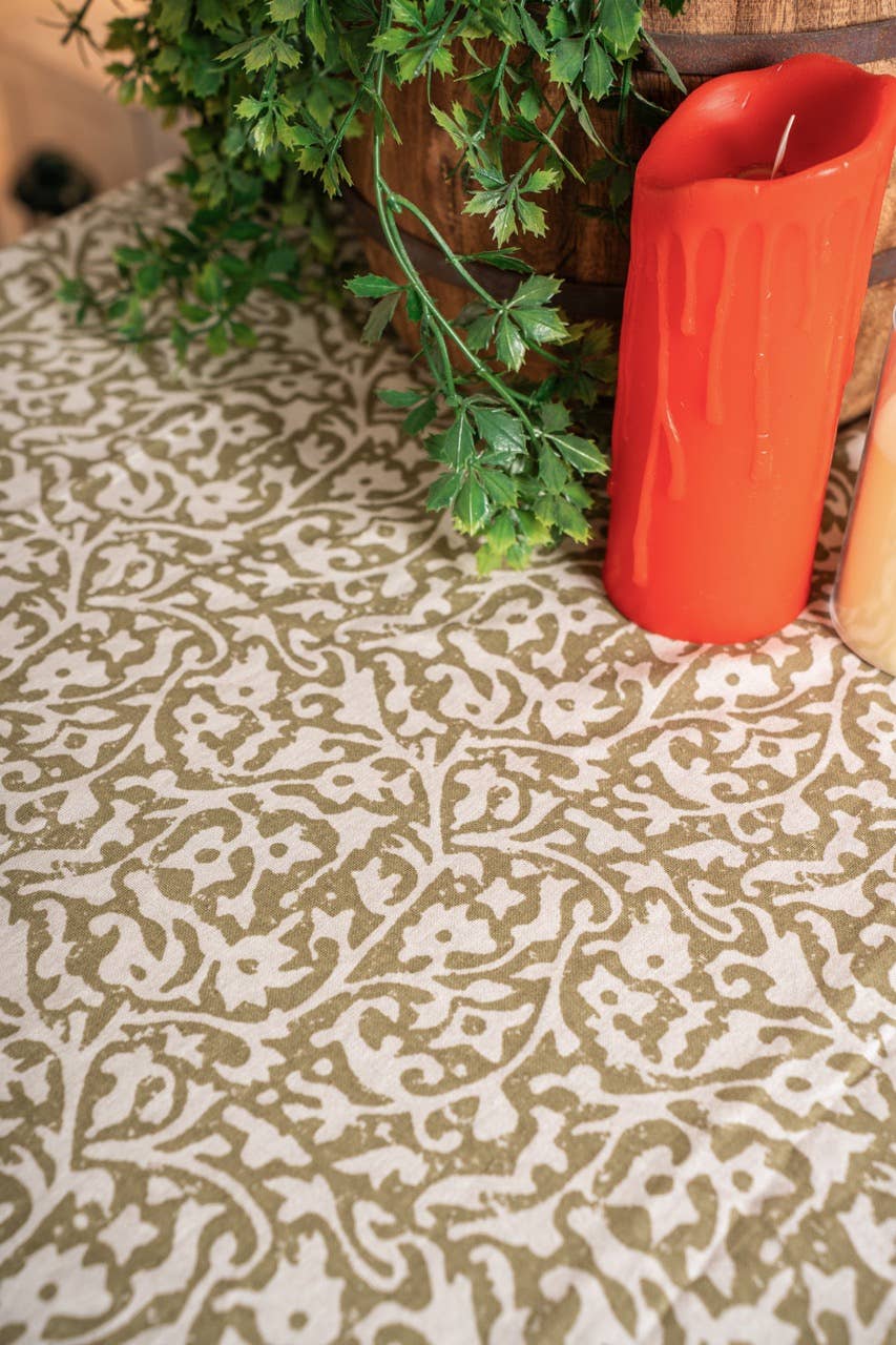 Olive Floral Hand-Blocked Table Cover