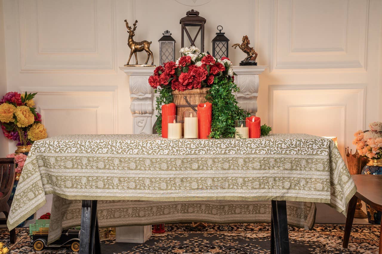 Olive Floral Hand-Blocked Table Cover