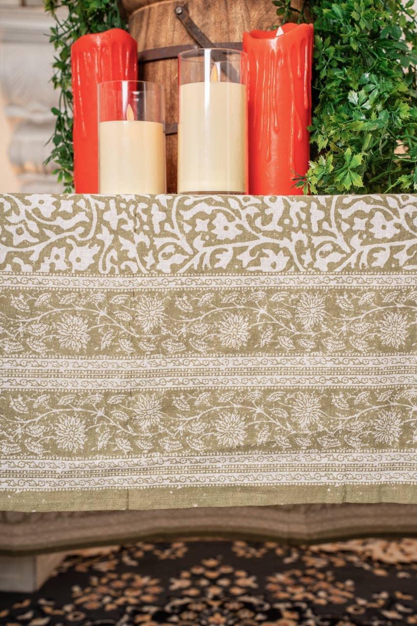 Olive Floral Hand-Blocked Table Cover