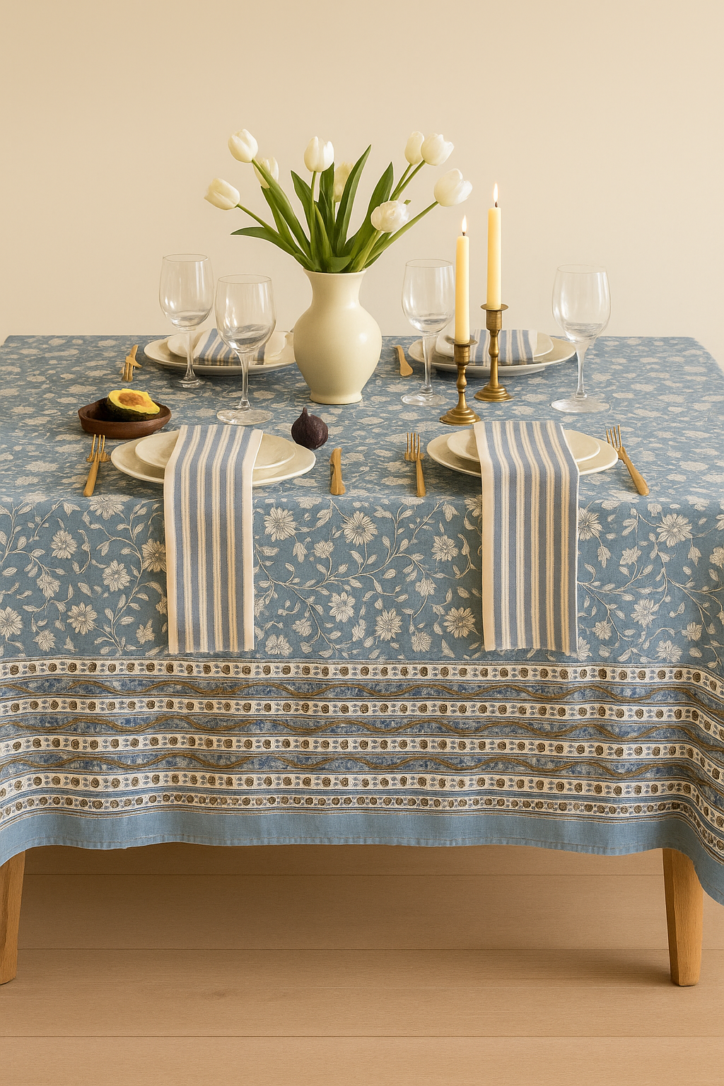 Azure Vine Hand-blocked Table Cover