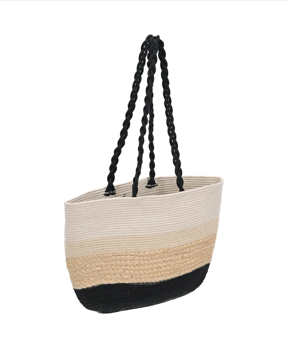 Three-striped handbag with Braided Handles