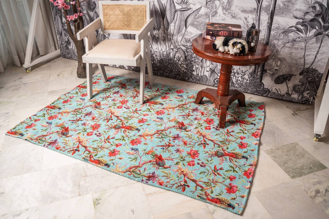 Aqua Blue Birds & Blooms Cotton Velvet Rug