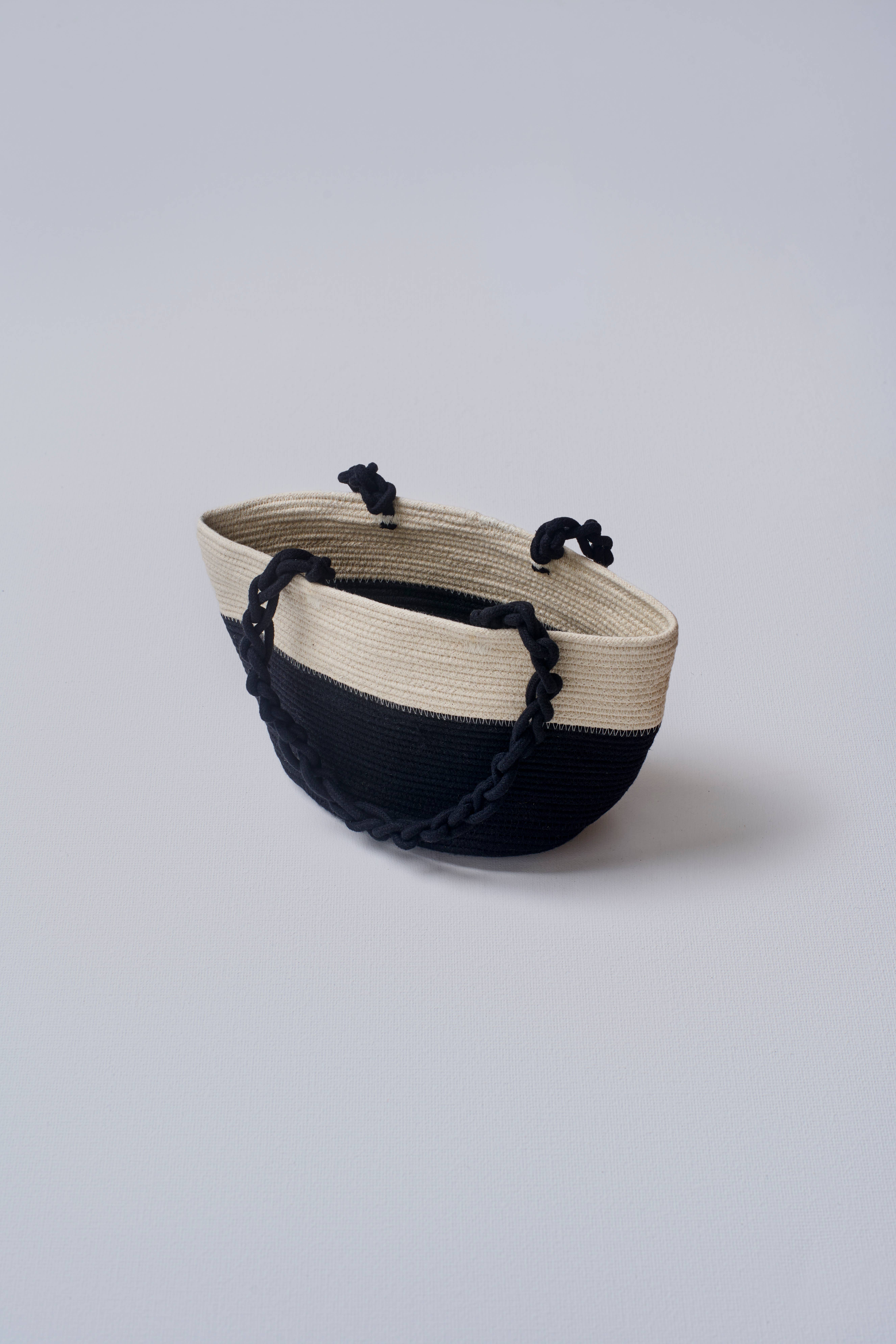 Three-striped handbag with Braided Handles