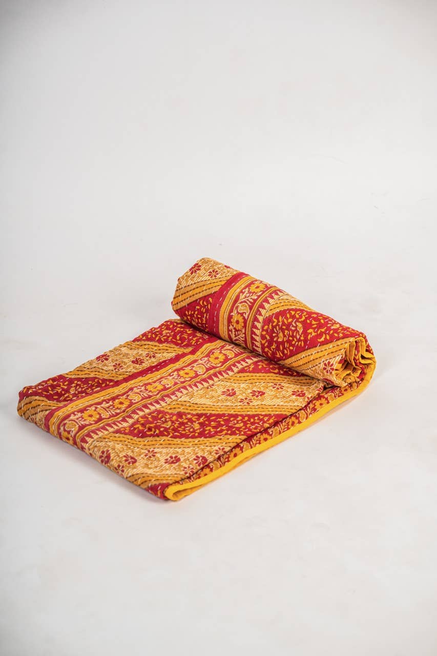 Vintage Handstitched Cotton Kantha Throws - Mustard - Pure Cotton - 125x175cm - Wholesale UK
