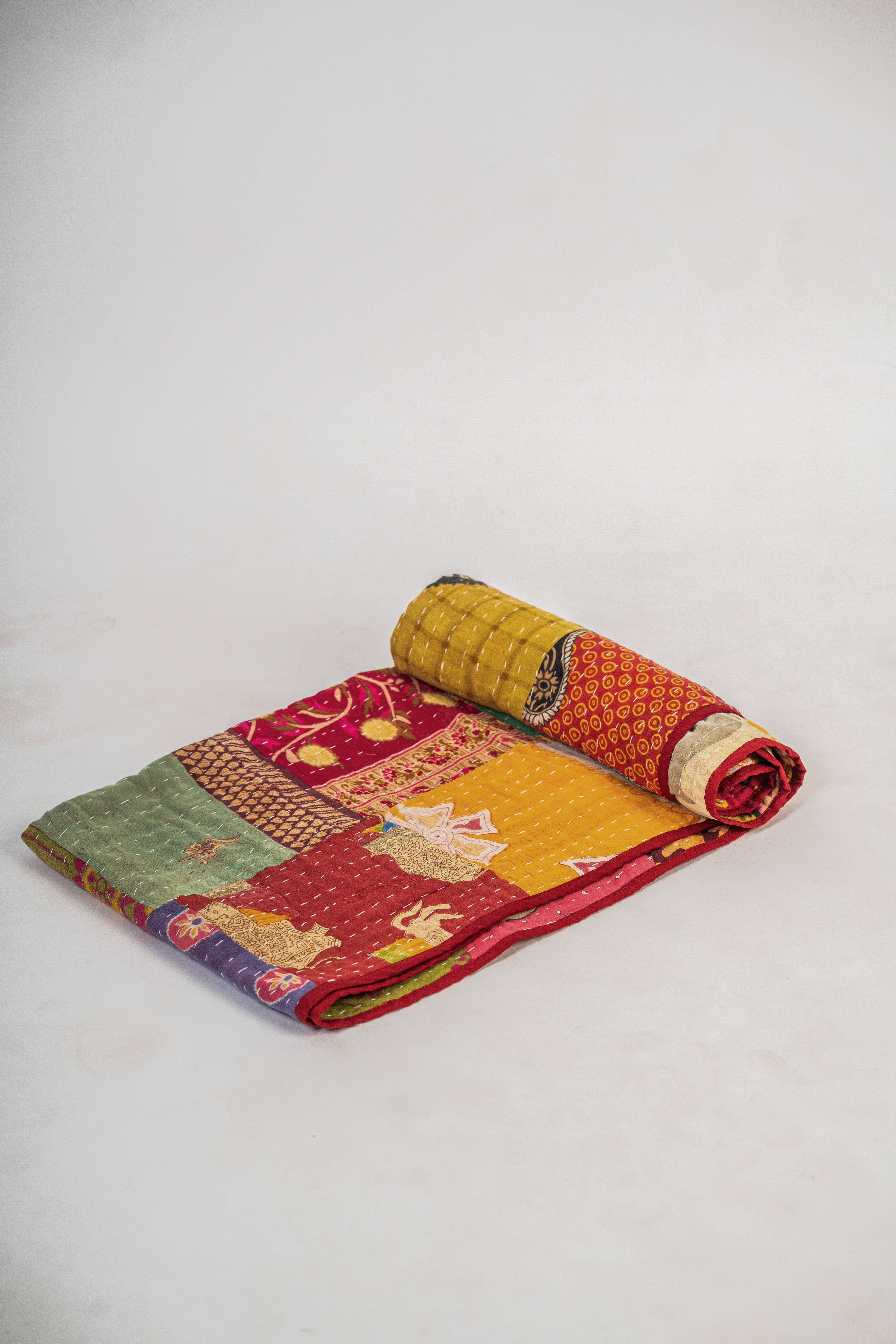 Vintage Kantha Cotton Throw – Burgundy