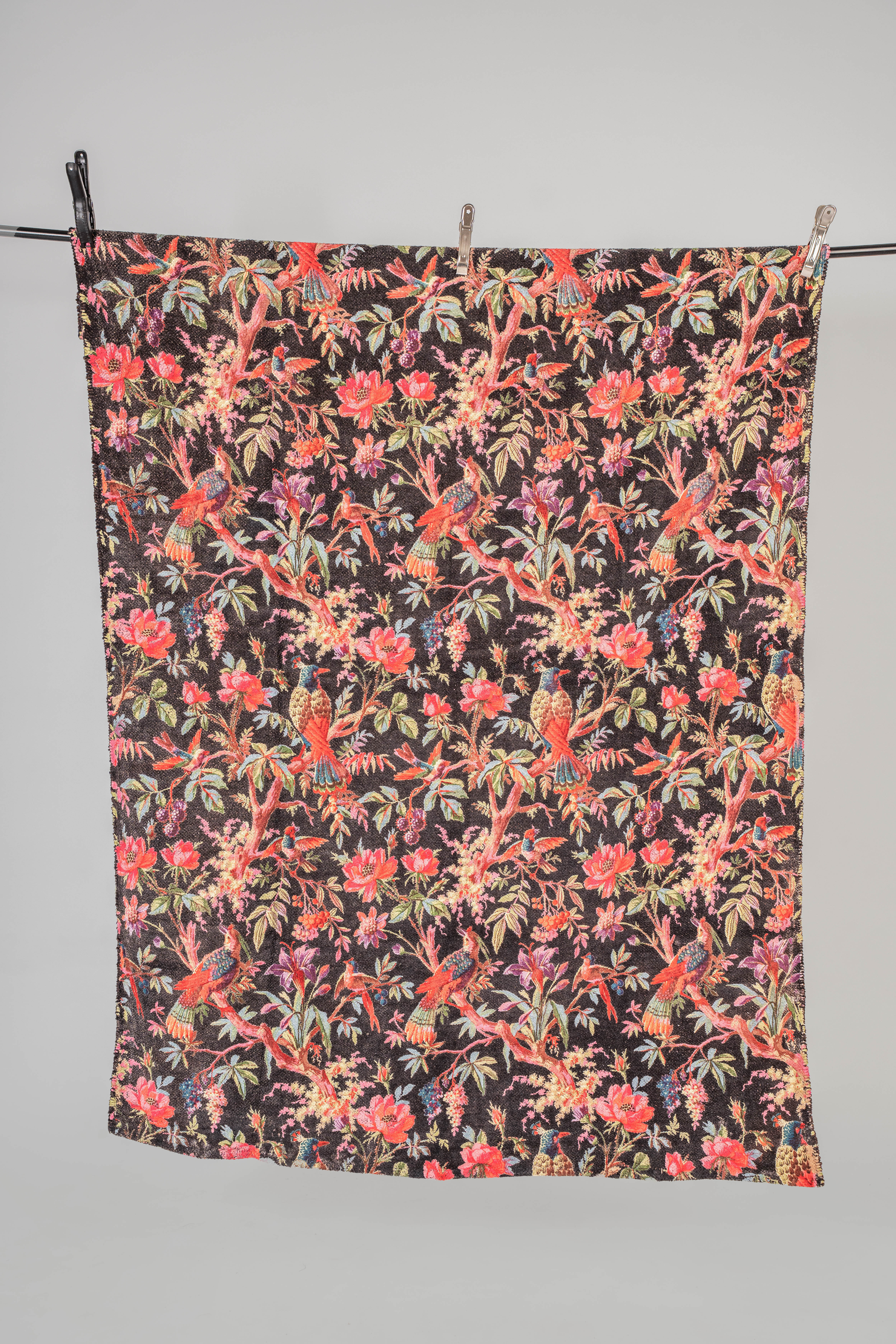 Black Birds & Blooms Cotton Velvet Rug