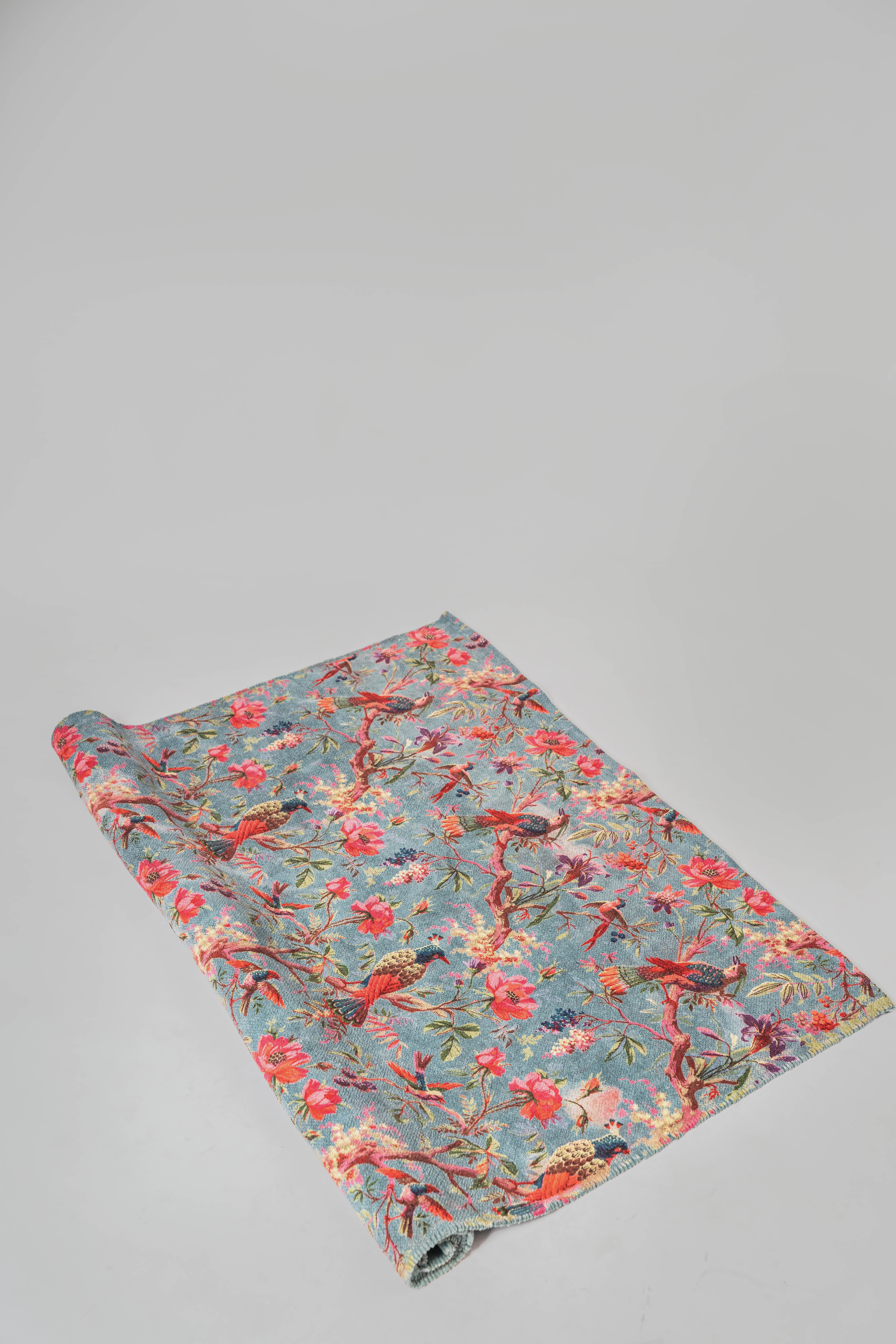 Mineral Blue Birds & Blooms Cotton Velvet Rug