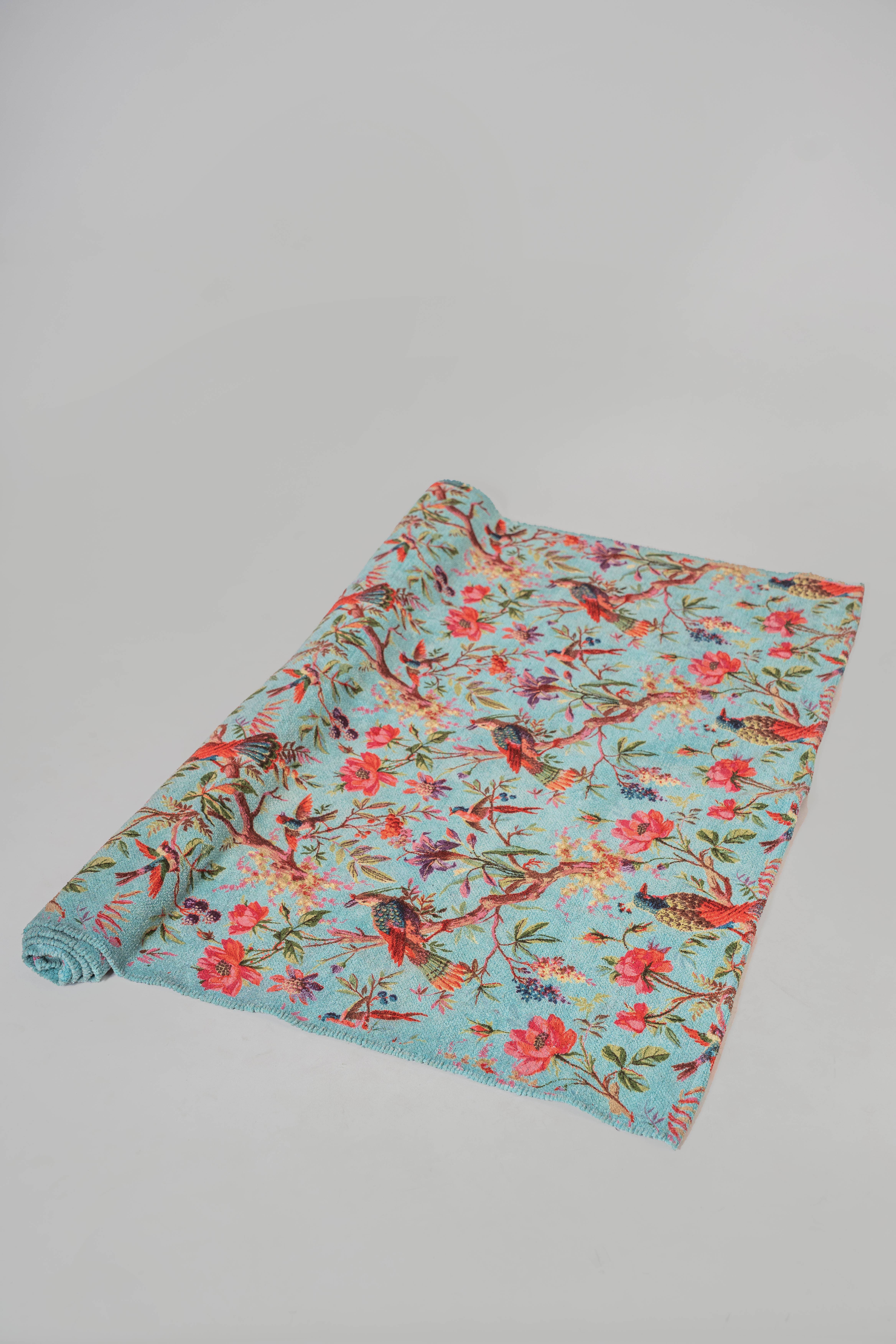 Aqua Blue Birds & Blooms Cotton Velvet Rug