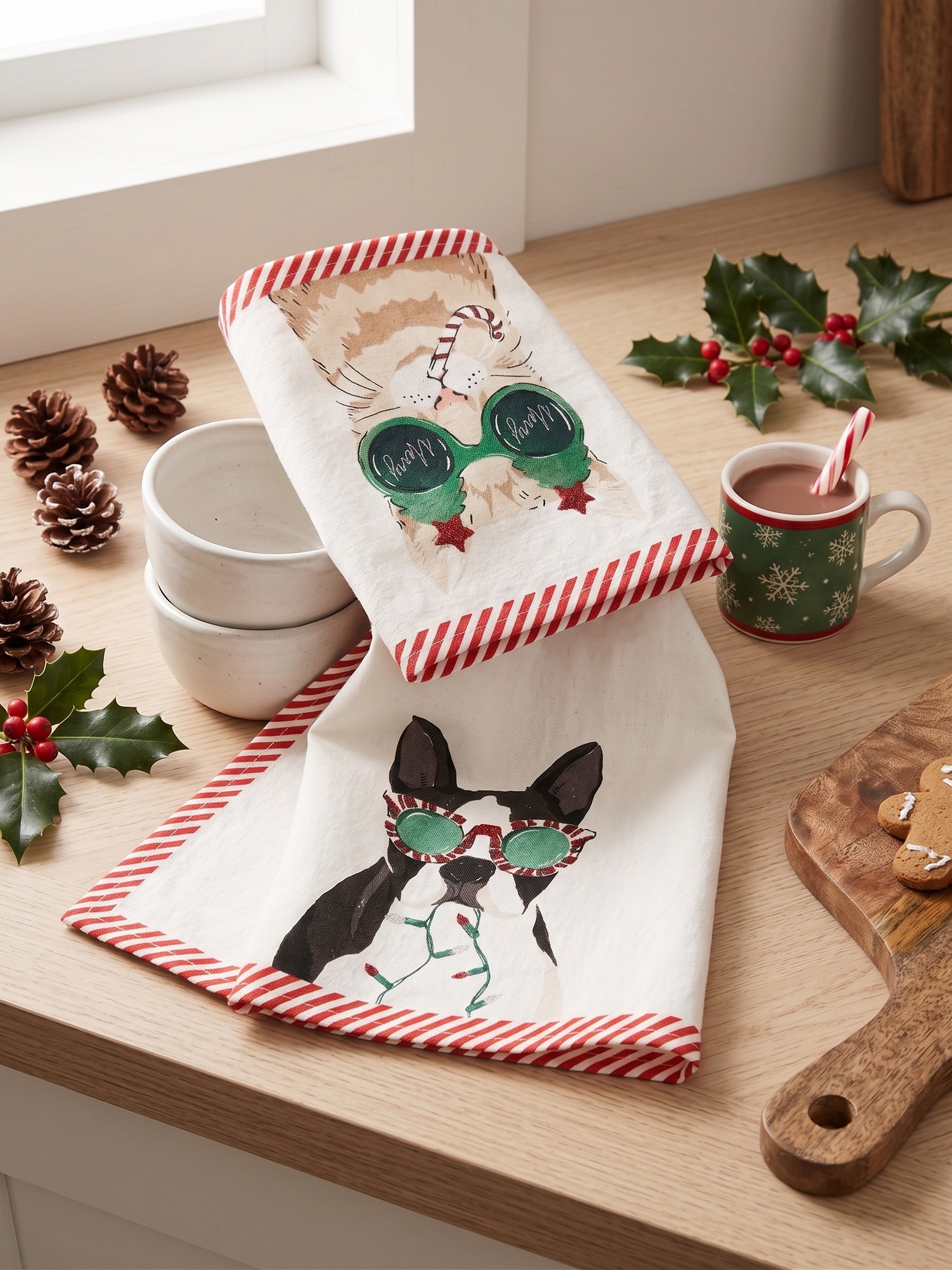 Merry Pups & Kitties Christmas Tea Towel (Set of 2)