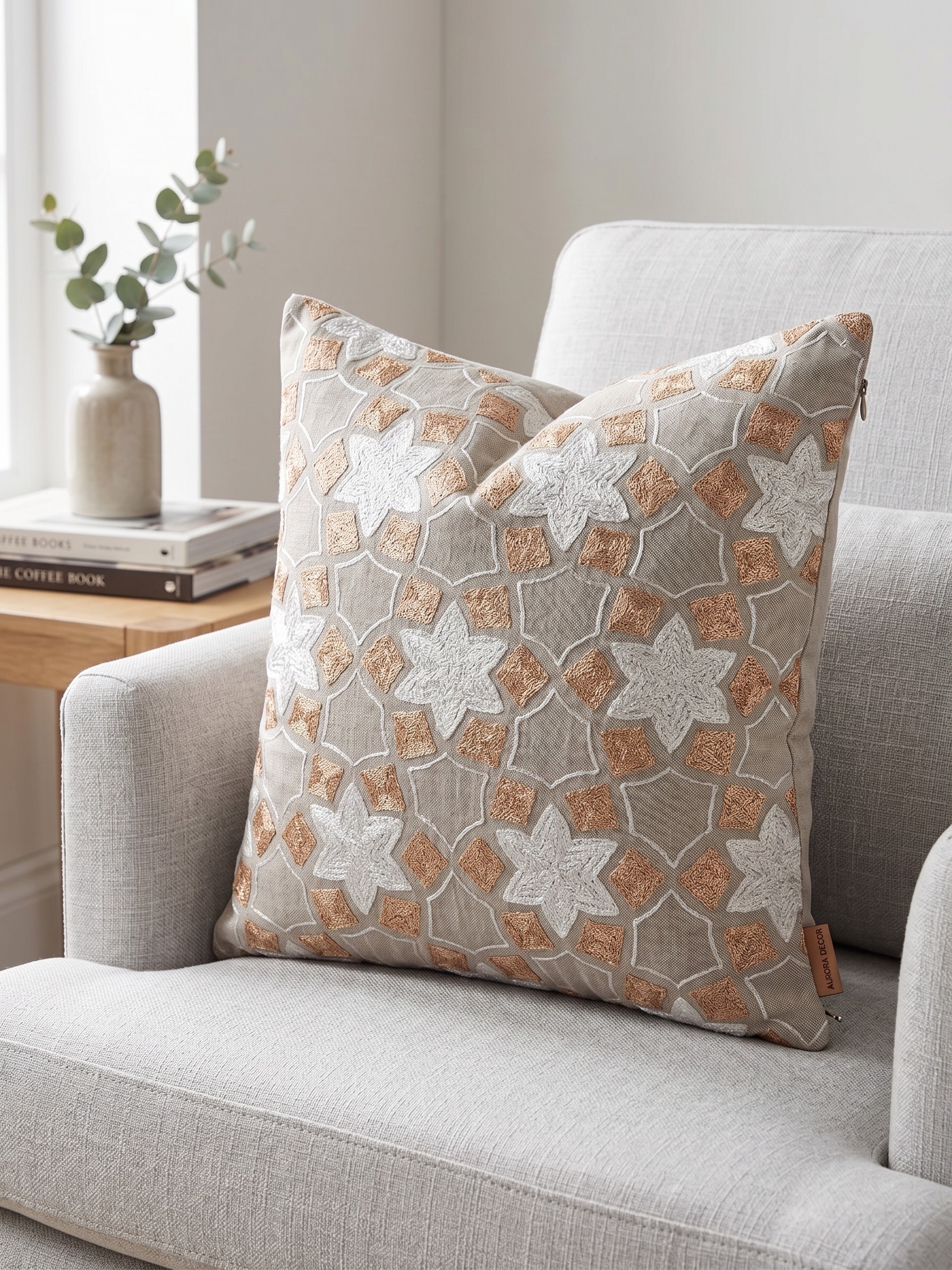 Embroidered Copper Starburst Linen Cushion